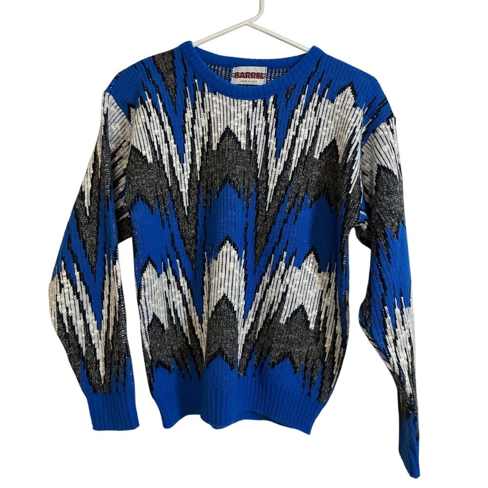 Vintage Barrel Sweater Made USA Blue Black White Abstract Knit Pullover M